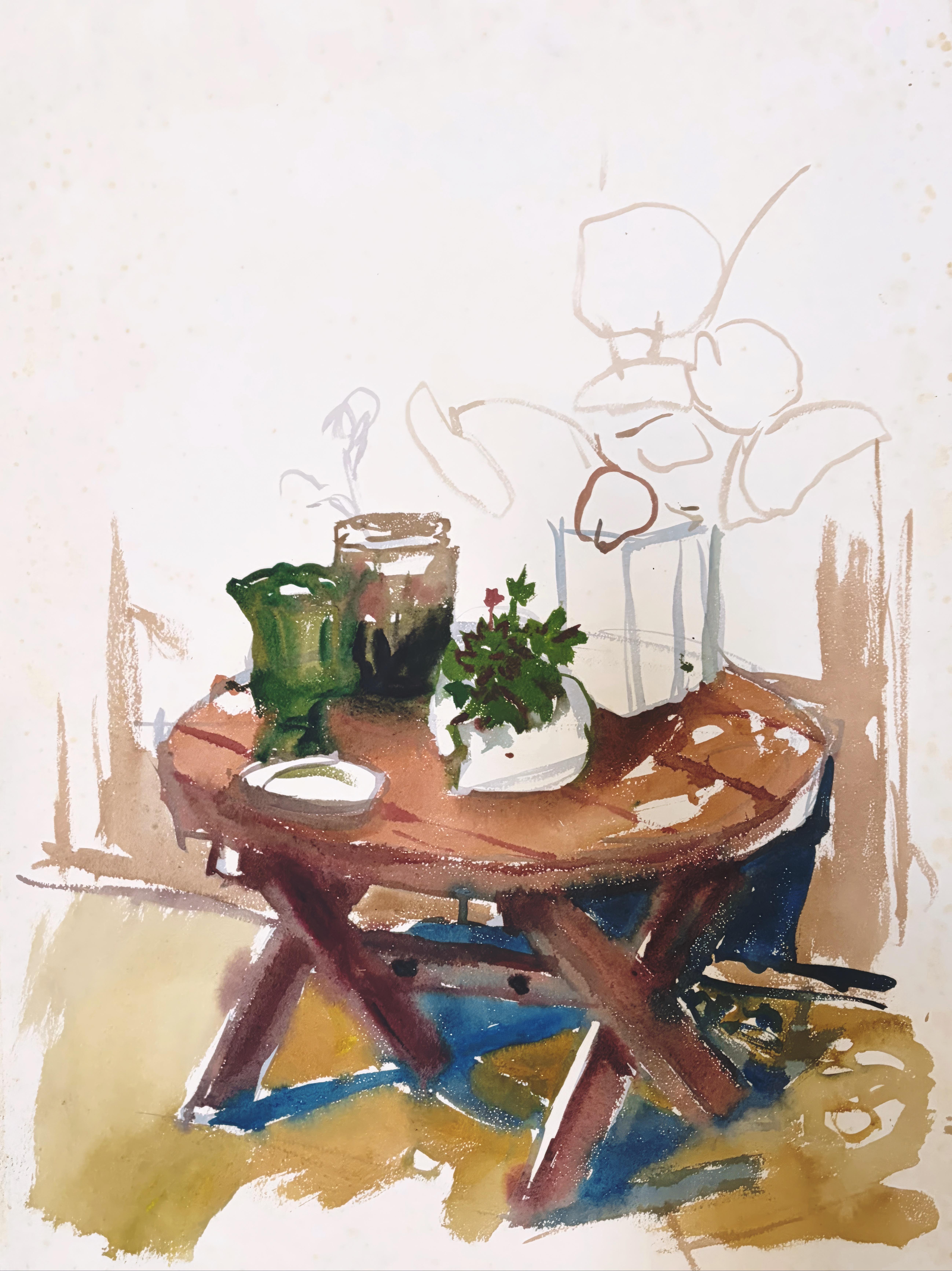 This exquisite watercolor by Ian Hornak (1944–2002), titled Intimate Still Life with Potted Plant and Glass Vessel, was executed circa 1963 during the artist’s undergraduate studies. Created during the formative years of Hornak’s artistic
