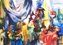 Ian Hornak, Interior Still Life with Drapery and Floral Arrangements, circa 1963