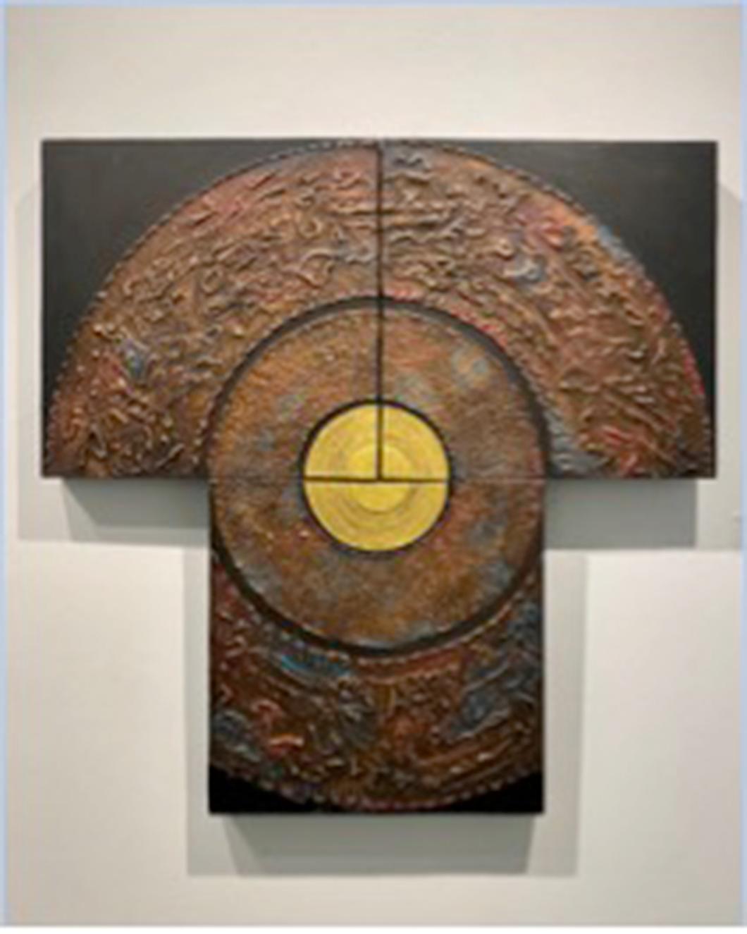 Figurative Painting Apichai Piromrak  - « La roue », acrylique, siliconé et feuille d'or en relief  Papier sur bois fait à la main