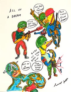 All In a Dream - Daniel Johnston, farbenfrohe figurative Zeichnung, Entenkriege