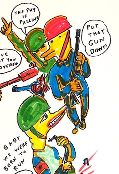 All In a Dream - Daniel Johnston, farbenfrohe figurative Zeichnung, Entenkriege