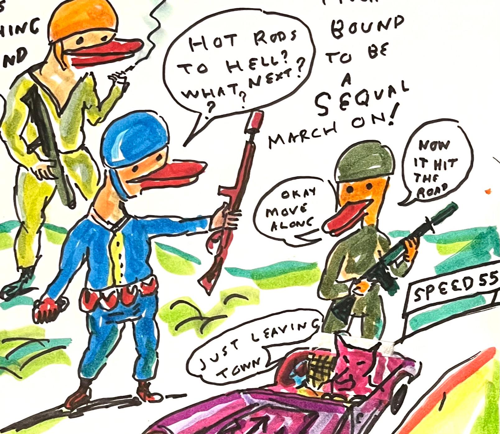 All Things Must Pass Gas, Colorful Figurative Drawing, Duck Wars Series - Folk Art Art by Daniel Johnston