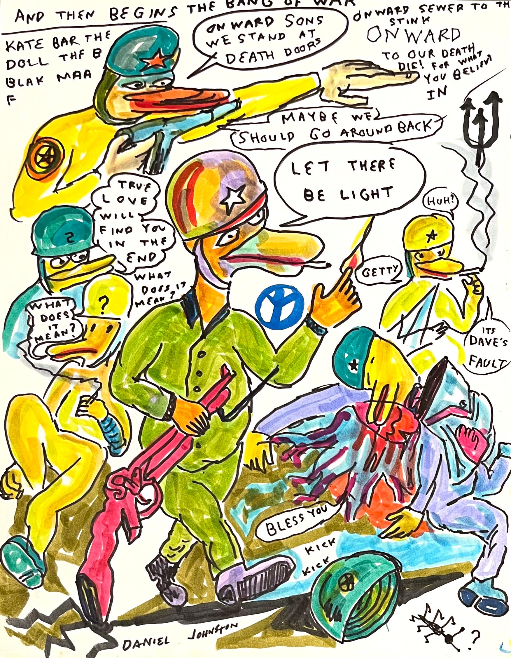 Animal Art Daniel Johnston - Et puis commence la guerre, dessin figuratif coloré, série Duck Wars