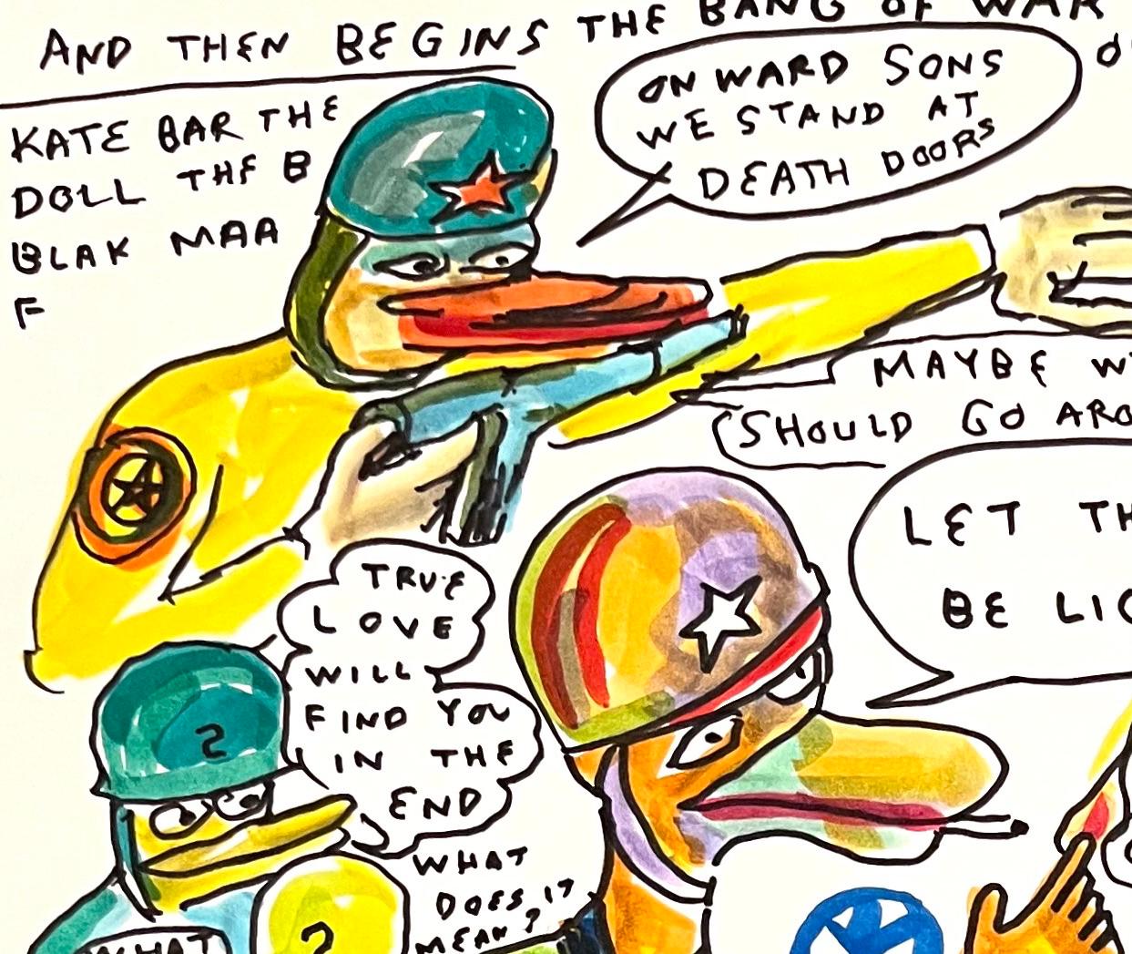 Et puis commence la guerre, dessin figuratif coloré, série Duck Wars - Artisanat Art par Daniel Johnston