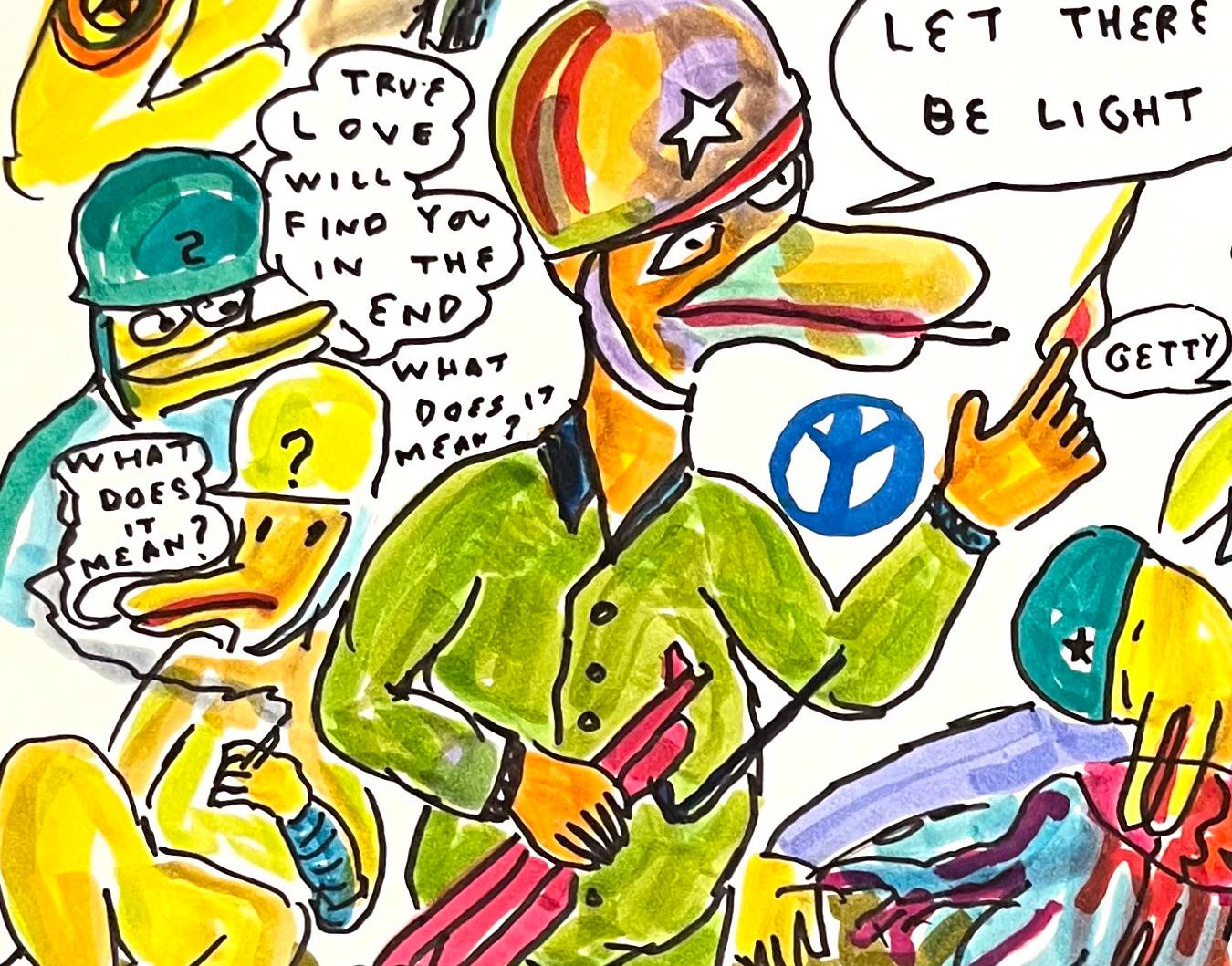 Et puis commence la guerre, dessin figuratif coloré, série Duck Wars - Art de Daniel Johnston