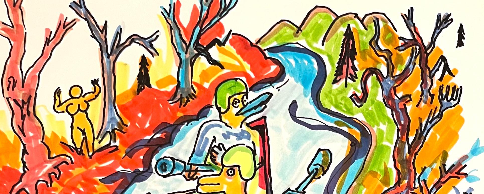 Christmiss - Daniel Johnston, Colorful Figurative Drawing, Duck Wars Series For Sale 1