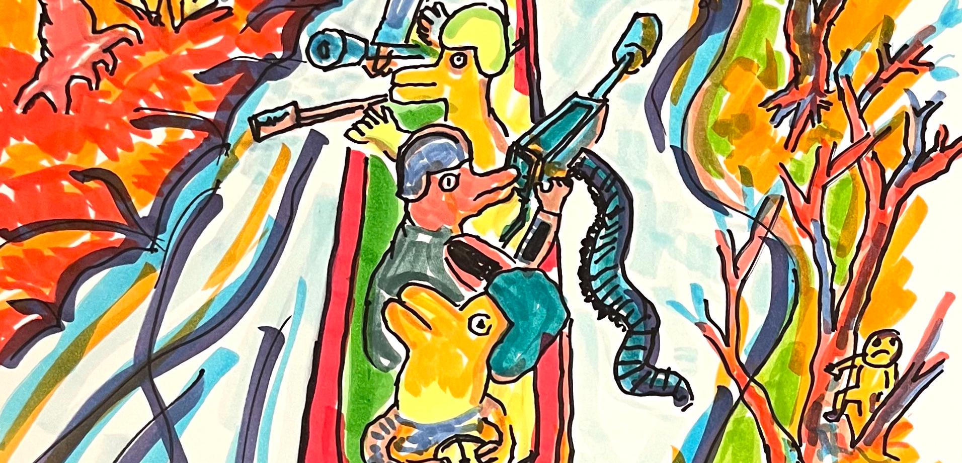 Christmiss - Daniel Johnston, Colorful Figurative Drawing, Duck Wars Series For Sale 2