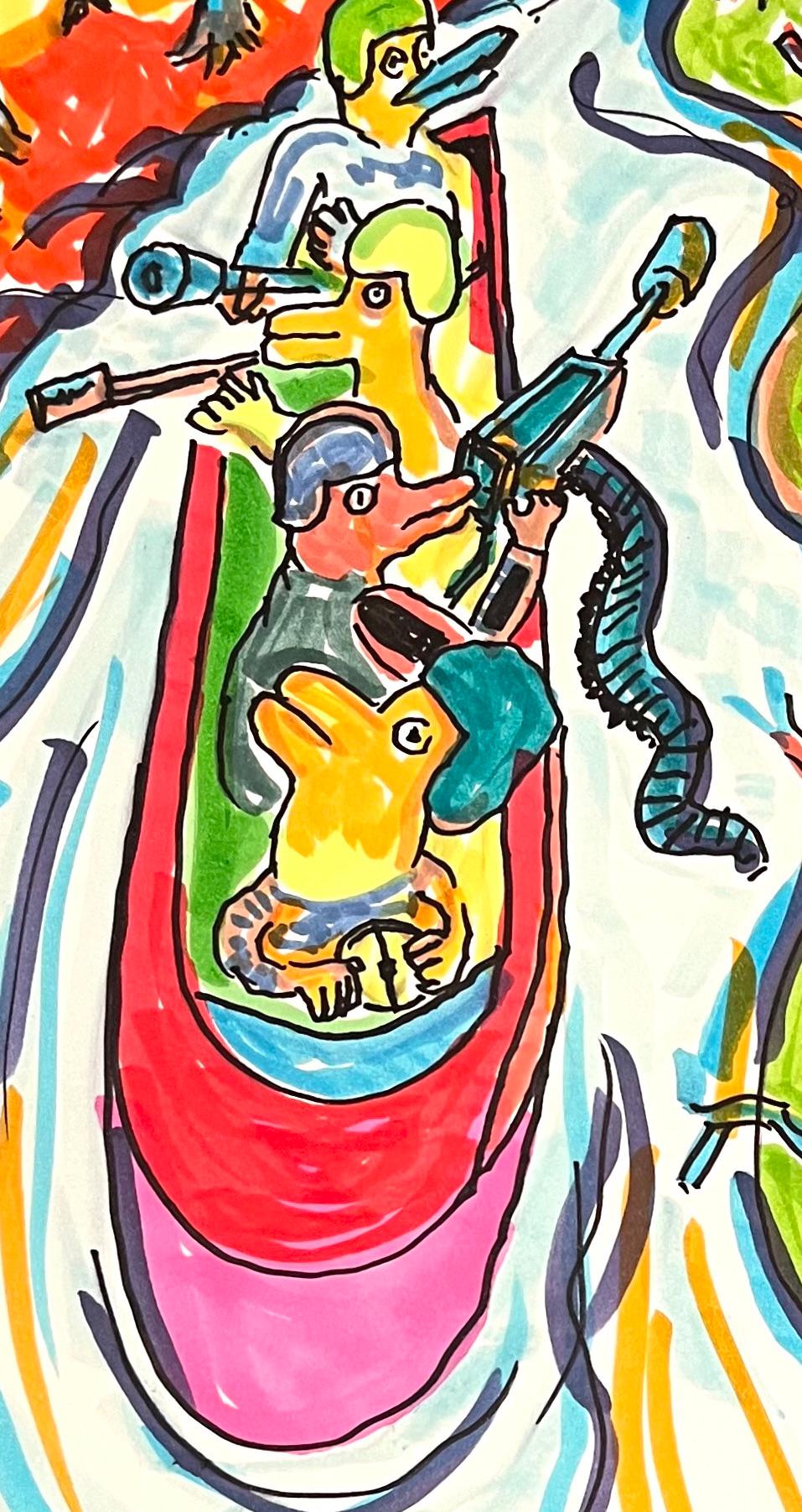 Christmiss - Daniel Johnston, Colorful Figurative Drawing, Duck Wars Series For Sale 4