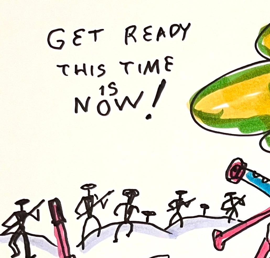 Get Ready This is Now - Colorful Figurative Drawing, Duck Wars Series - Art by Daniel Johnston