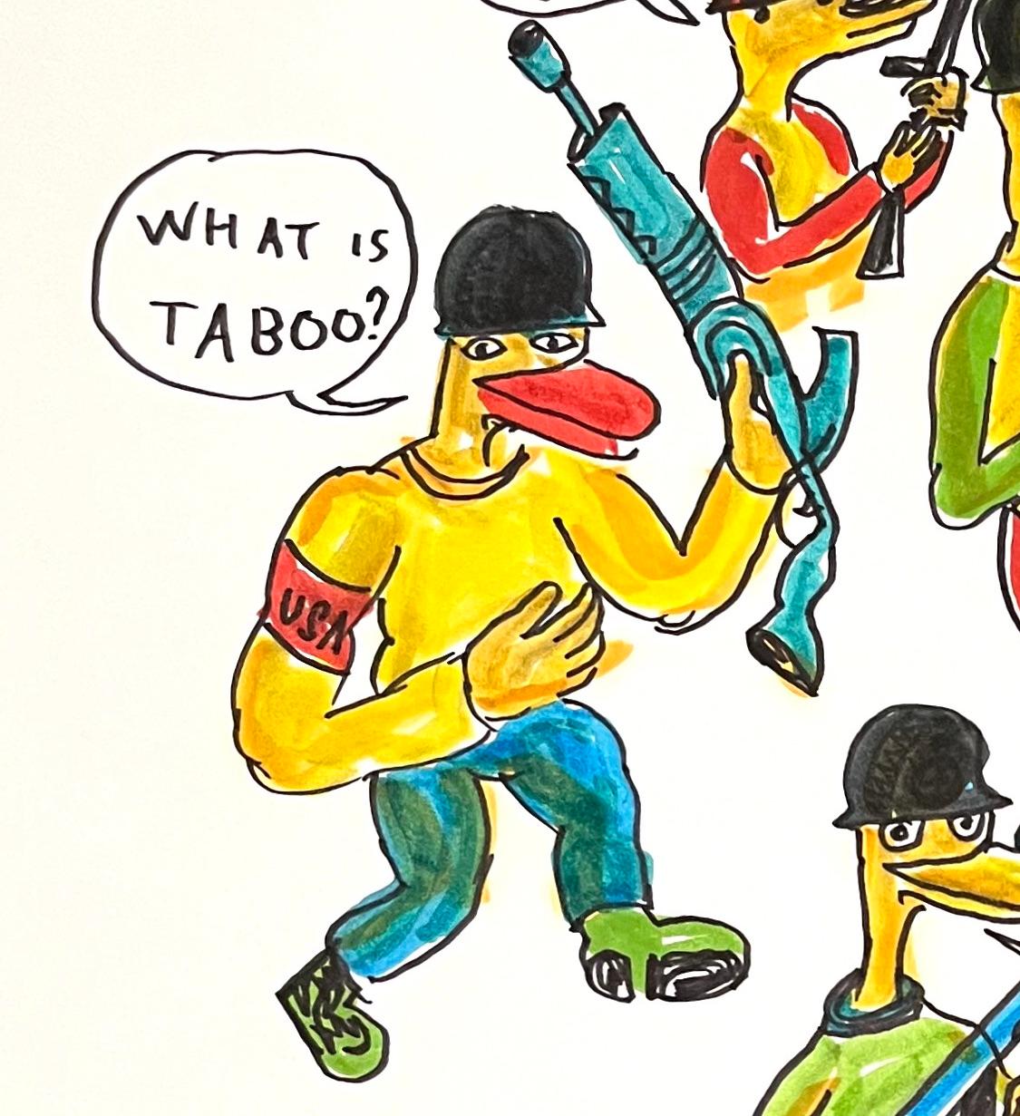 Golly There No End to War Before - Colorful Figurative Drawing, Duck Wars Series - Art by Daniel Johnston