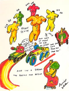 Ha Ha Ha Hee Hee - Colorful Figurative Ink Drawing on Paper, Duck Wars Series