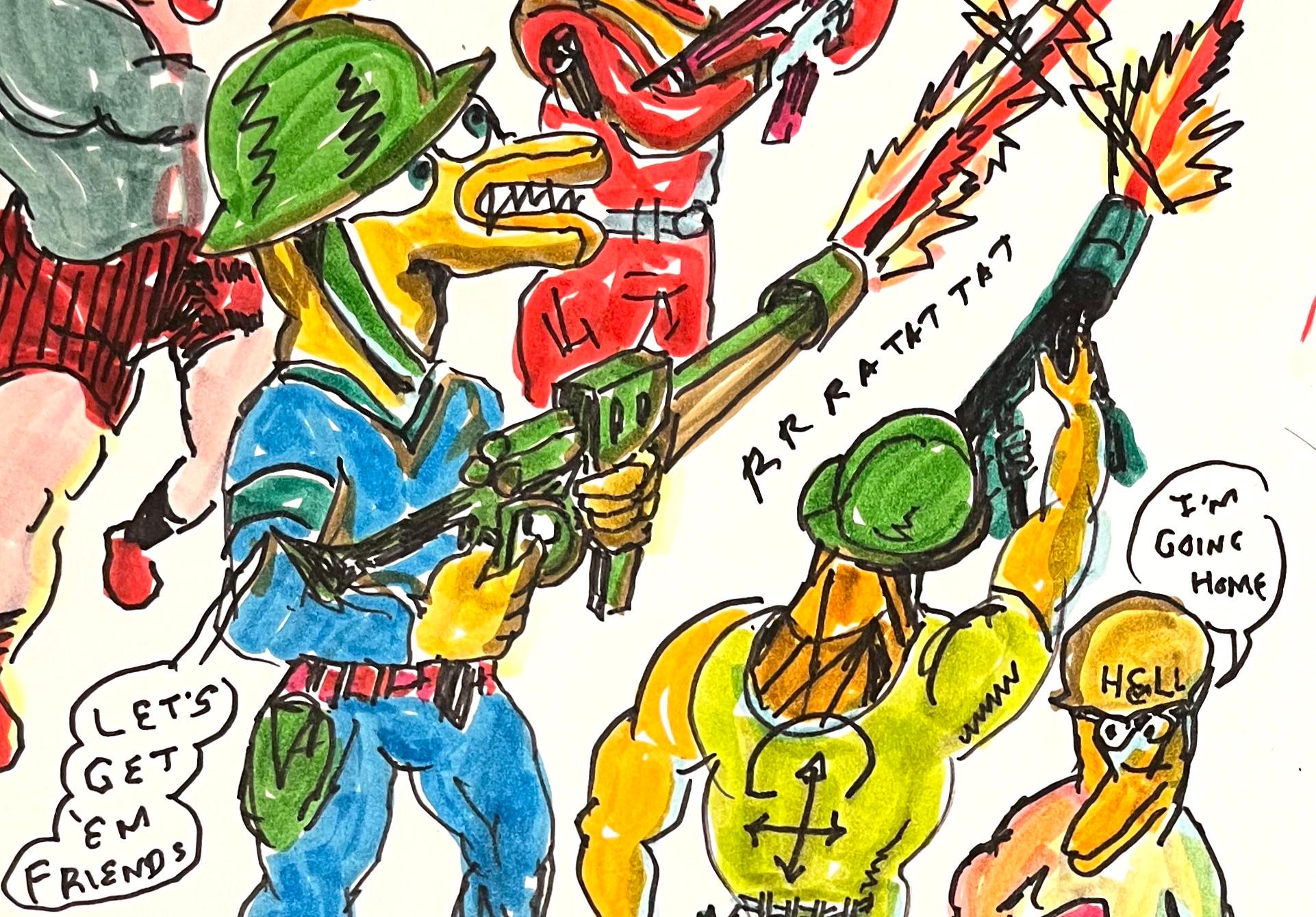 Hank - Daniel Johnston, Colorful Figurative Ink Drawing, Duck Wars Series For Sale 2