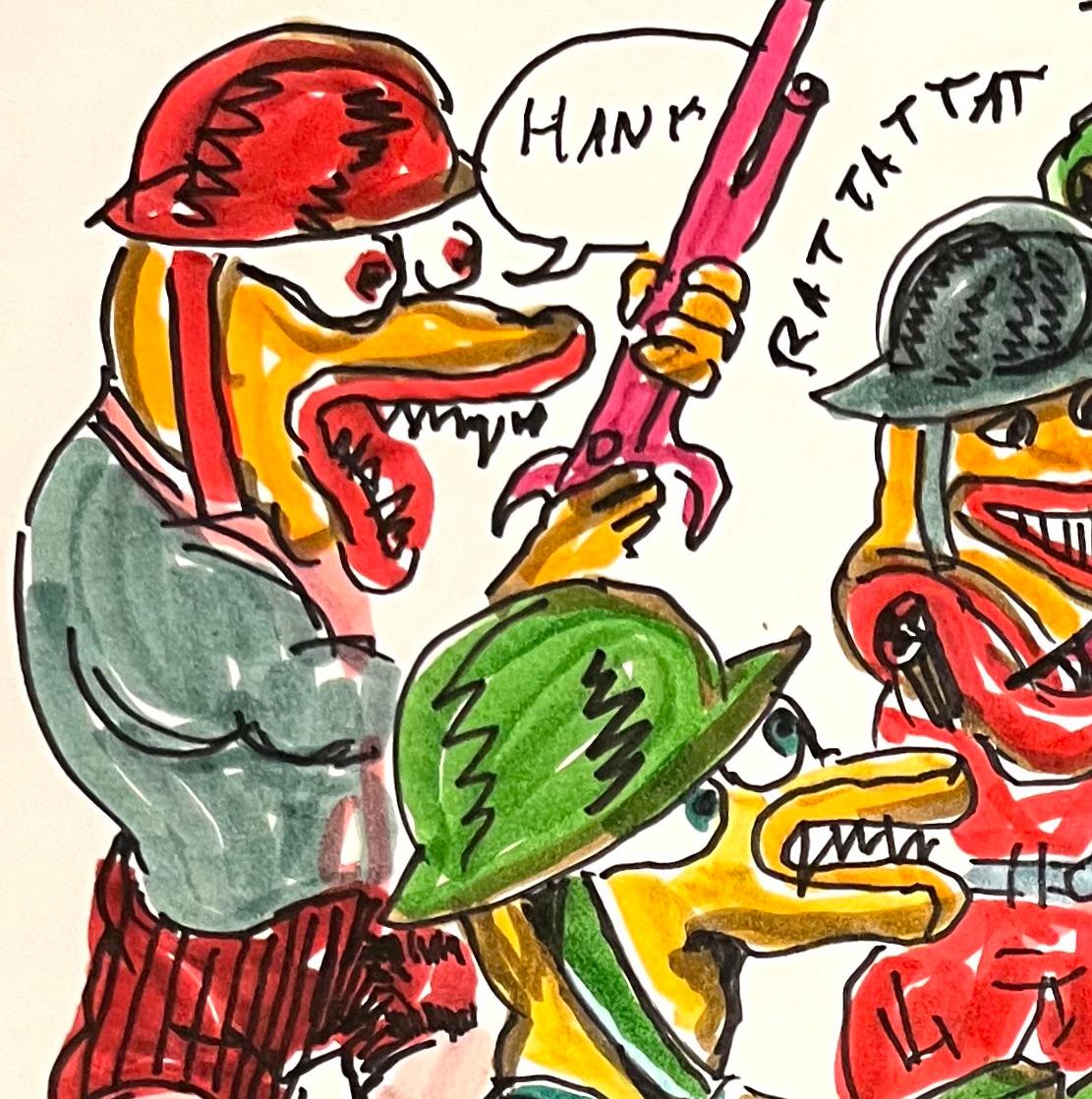 Hank - Daniel Johnston, Colorful Figurative Ink Drawing, Duck Wars Series For Sale 4
