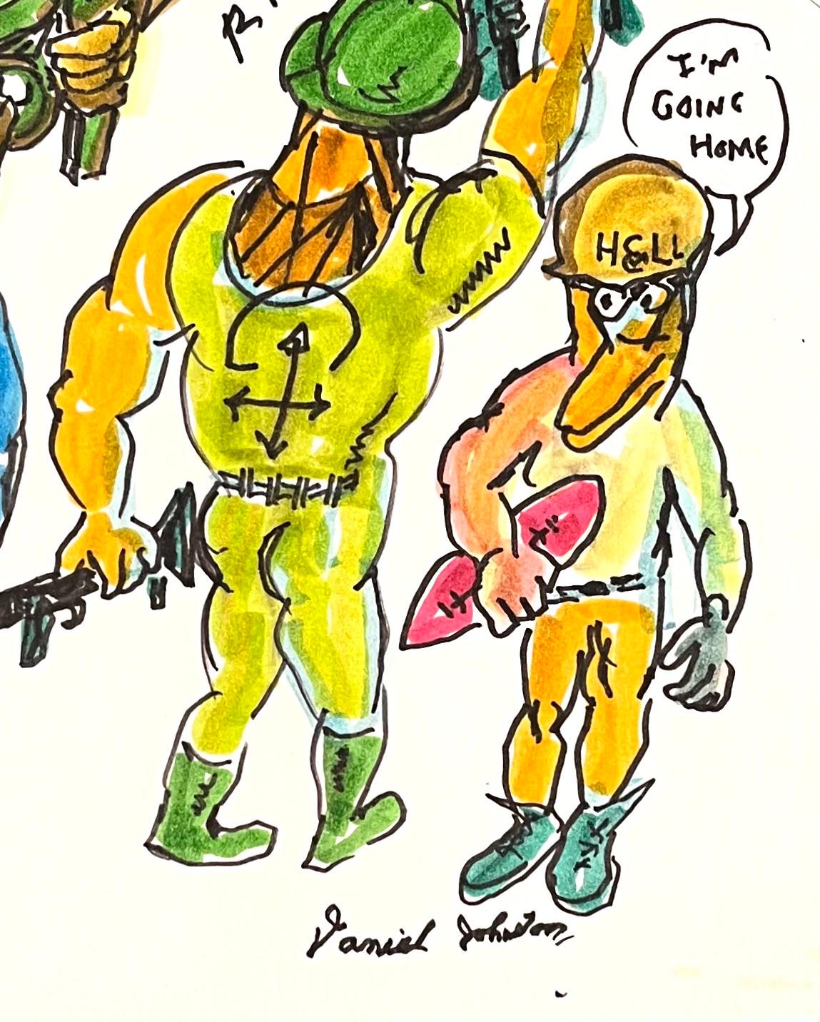 Hank - Daniel Johnston, Colorful Figurative Ink Drawing, Duck Wars Series For Sale 3