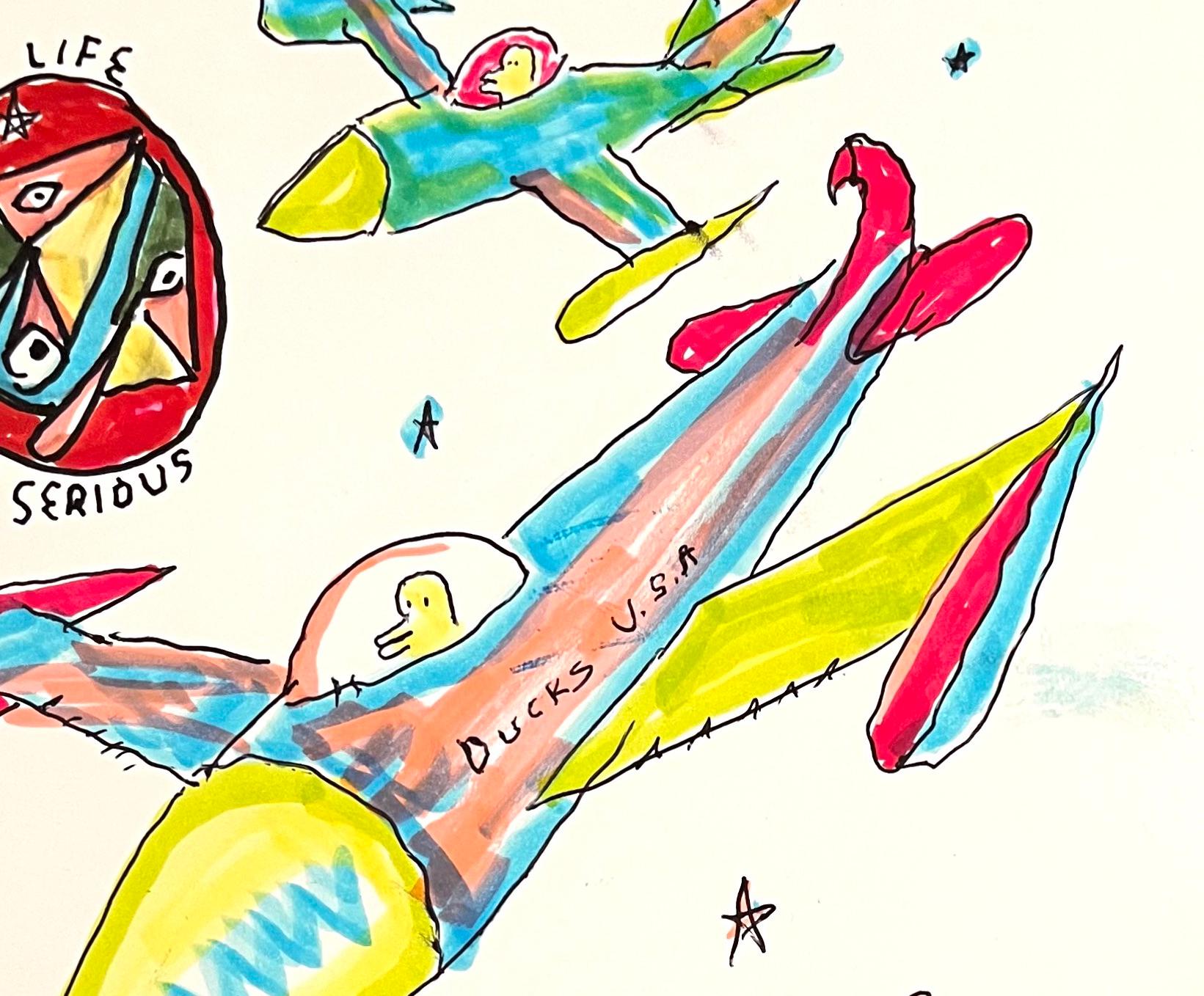 En la guerra todo es legal - Figura Dibujo a Tinta, Arte Outsider, Serie Guerras de Patos - Figurative Art Blanco de Daniel Johnston