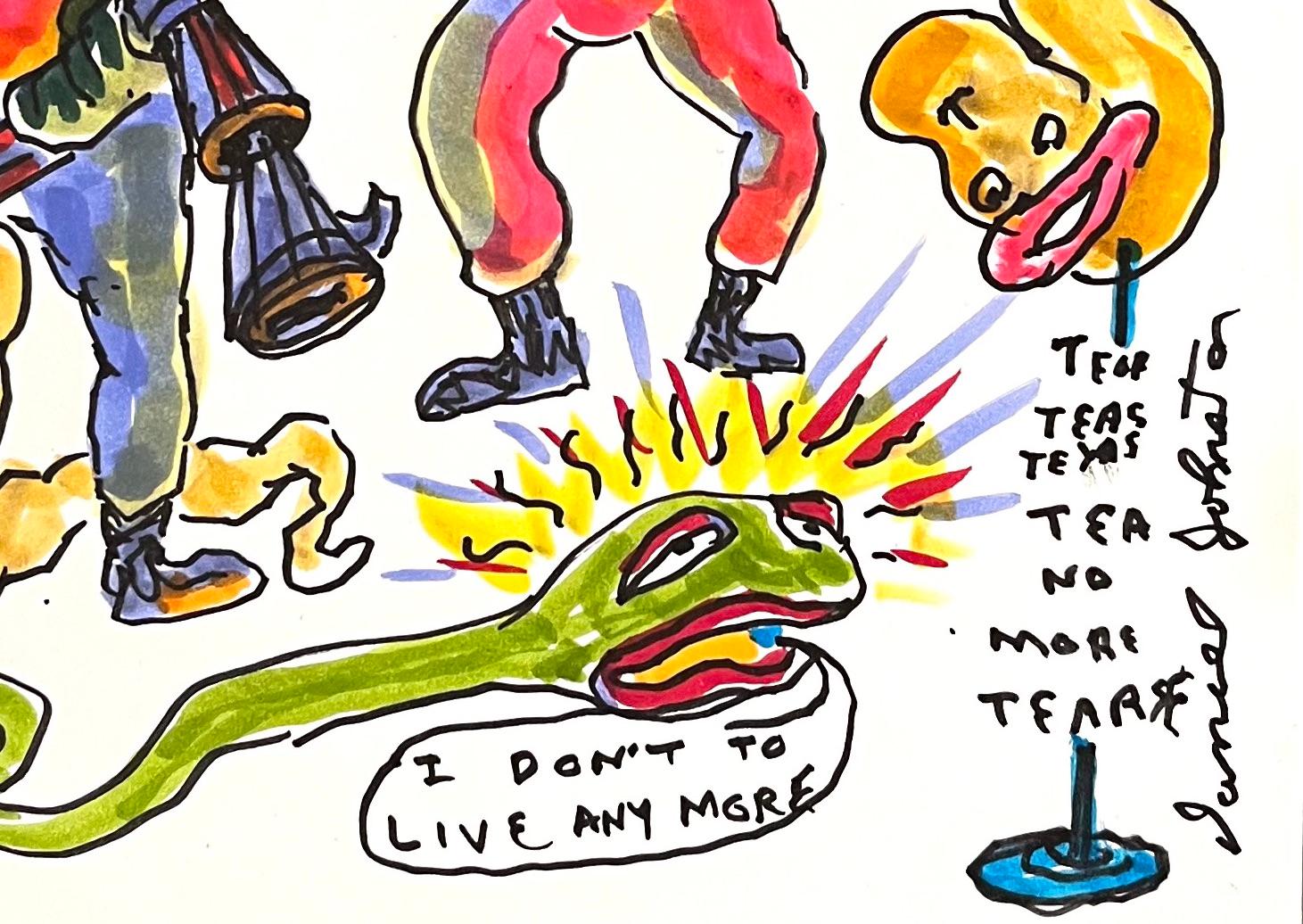 Move On Little Doggies - Figure Ink Drawing on Paper, Outsider Art, Duck Wars For Sale 2