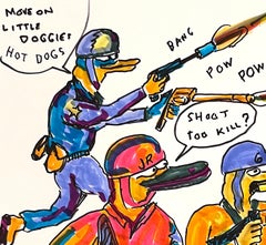 Move On Little Doggies - Figure Ink Drawing on Paper, Outsider Art, Duck Wars