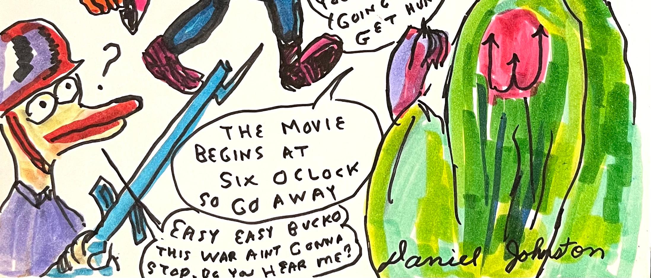 No Offence! - Figure Ink Drawing on Paper, Outsider Art, Duck Wars Series - Beige Animal Art by Daniel Johnston