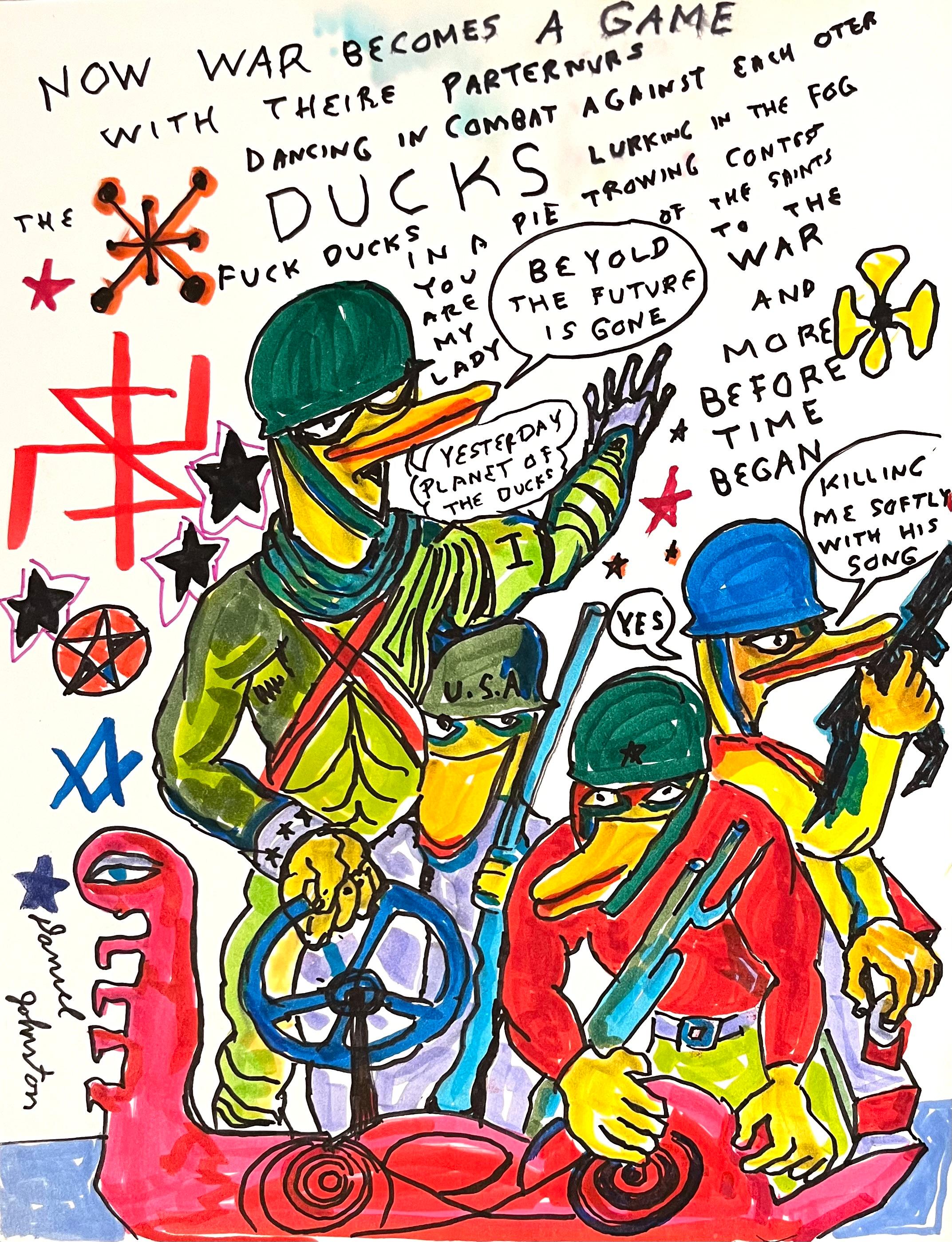 Daniel Johnston Figurative Art - Now War Becomes A Game - Figure Ink Drawing on Paper, Outsider Art, Duck Wars