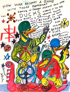 Now War Becomes A Game - Figure Ink Drawing on Paper, Outsider Art, Duck Wars (La guerre des canards)