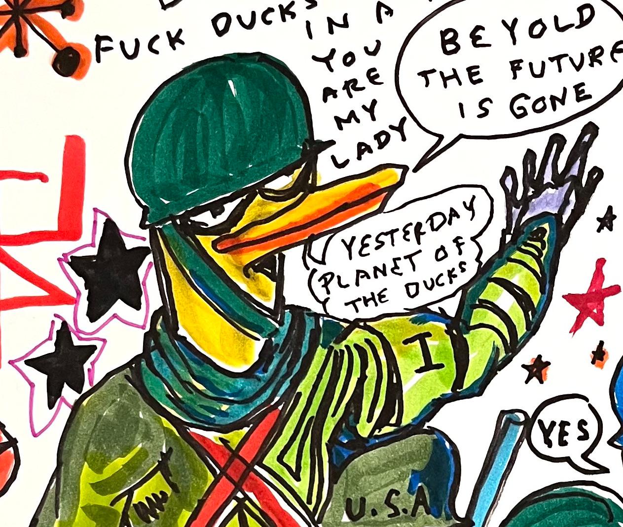 Now War Becomes A Game - Figure Ink Drawing on Paper, Outsider Art, Duck Wars - White Figurative Art by Daniel Johnston