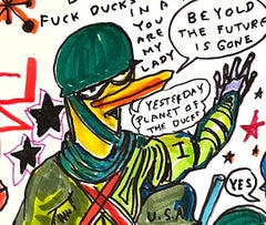 Now War Becomes A Game - Figure Ink Drawing on Paper, Outsider Art, Duck Wars