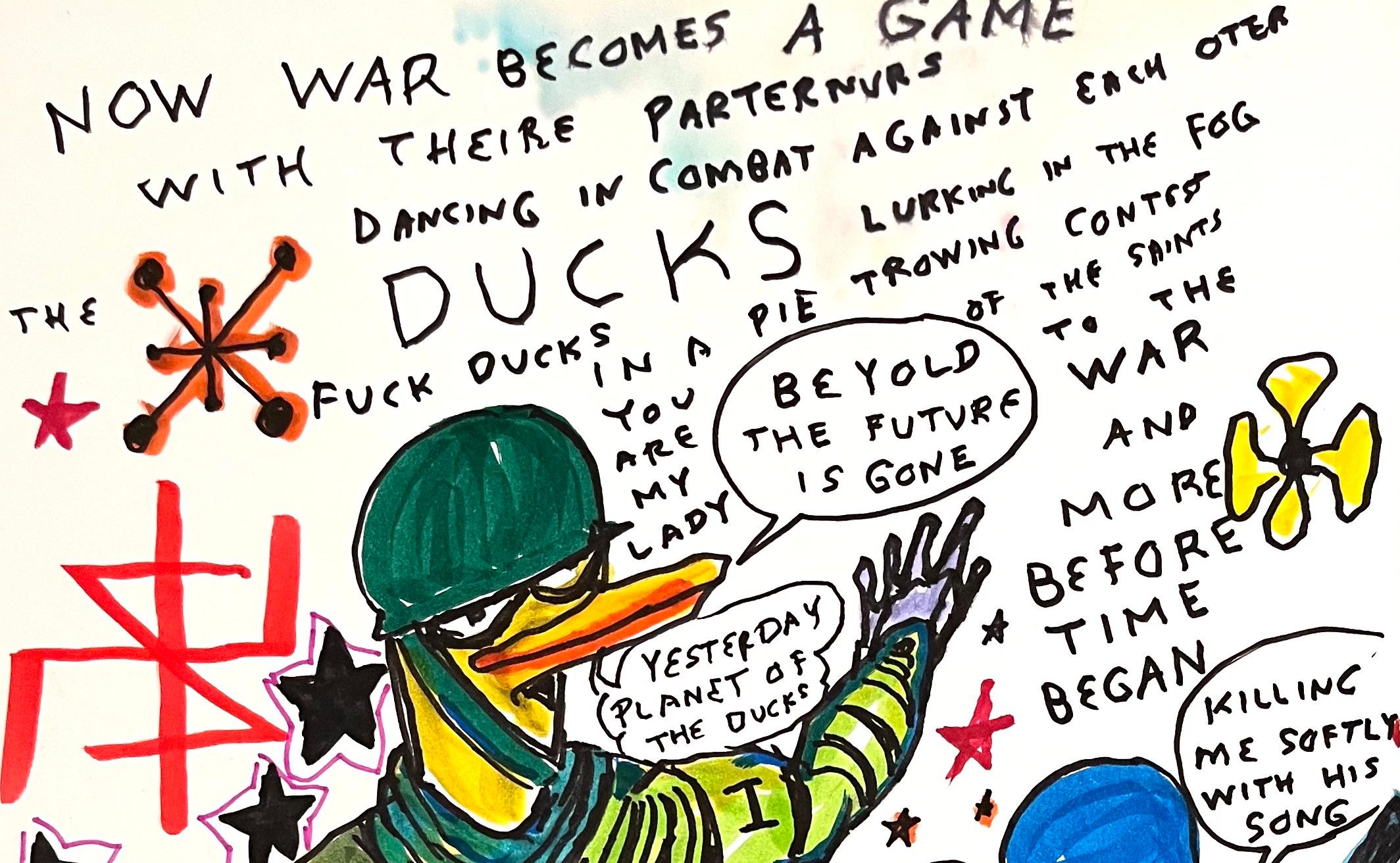 Now War Becomes A Game - Figure Ink Drawing on Paper, Outsider Art, Duck Wars For Sale 2