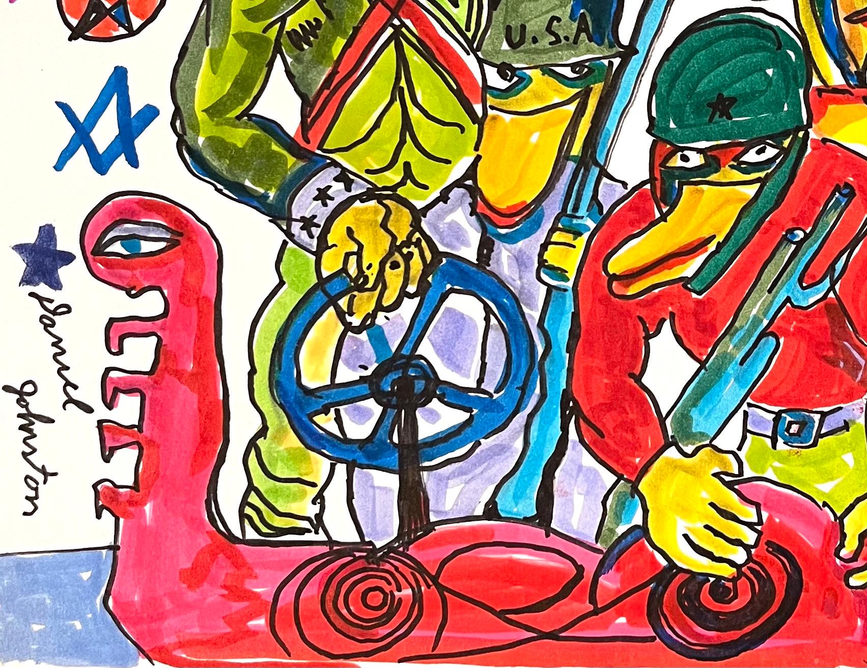 Now War Becomes A Game - Figure Ink Drawing on Paper, Outsider Art, Duck Wars For Sale 2