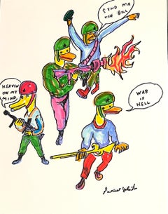 Send Me the Bill - Figure Ink Drawing on Paper, Outsider Art, Duck Wars Series