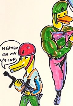 Send Me the Bill - Figure Ink Drawing on Paper, Outsider Art, Duck Wars Series