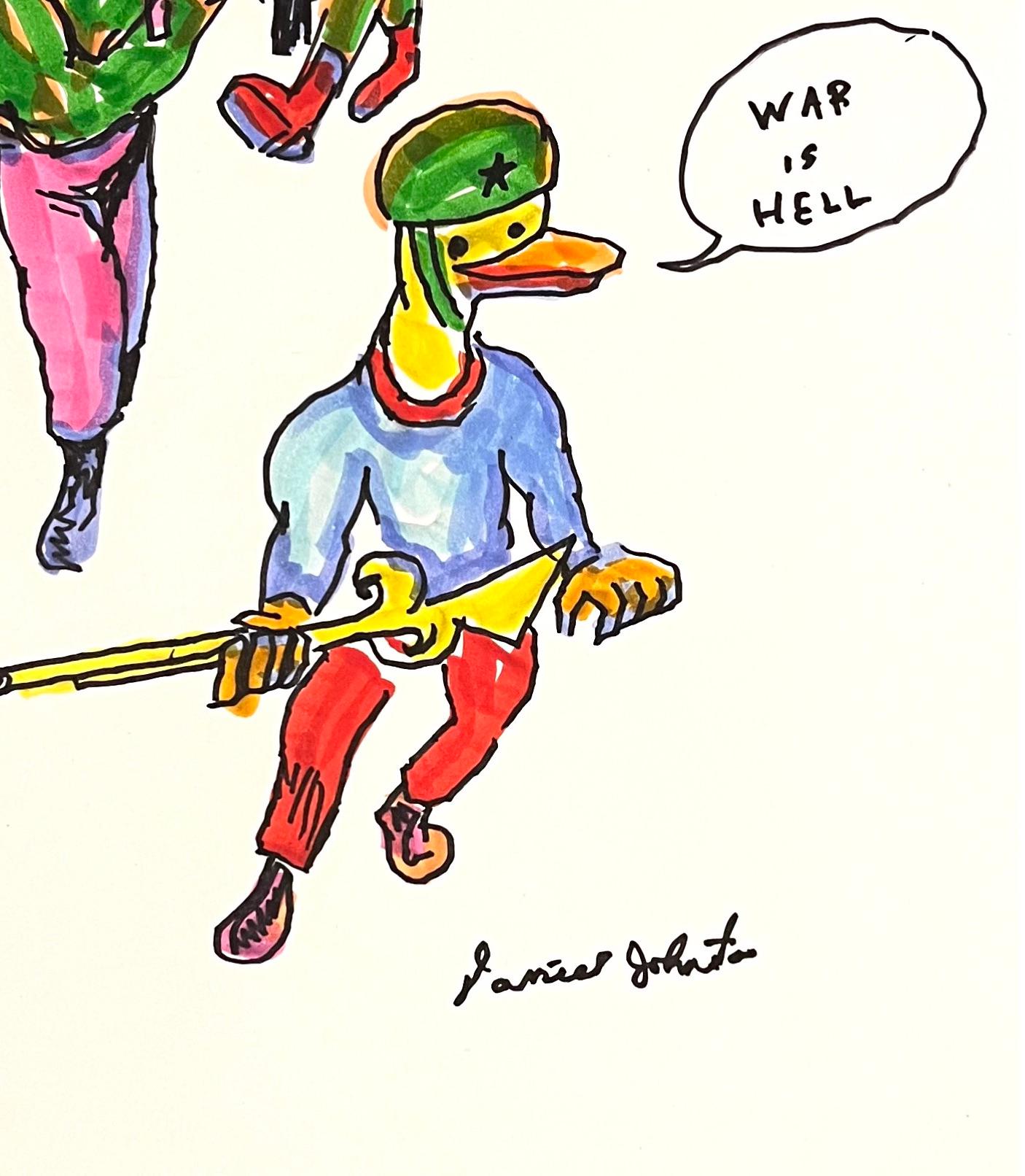 Send Me the Bill - Figure Ink Drawing on Paper, Outsider Art, Duck Wars Series For Sale 2