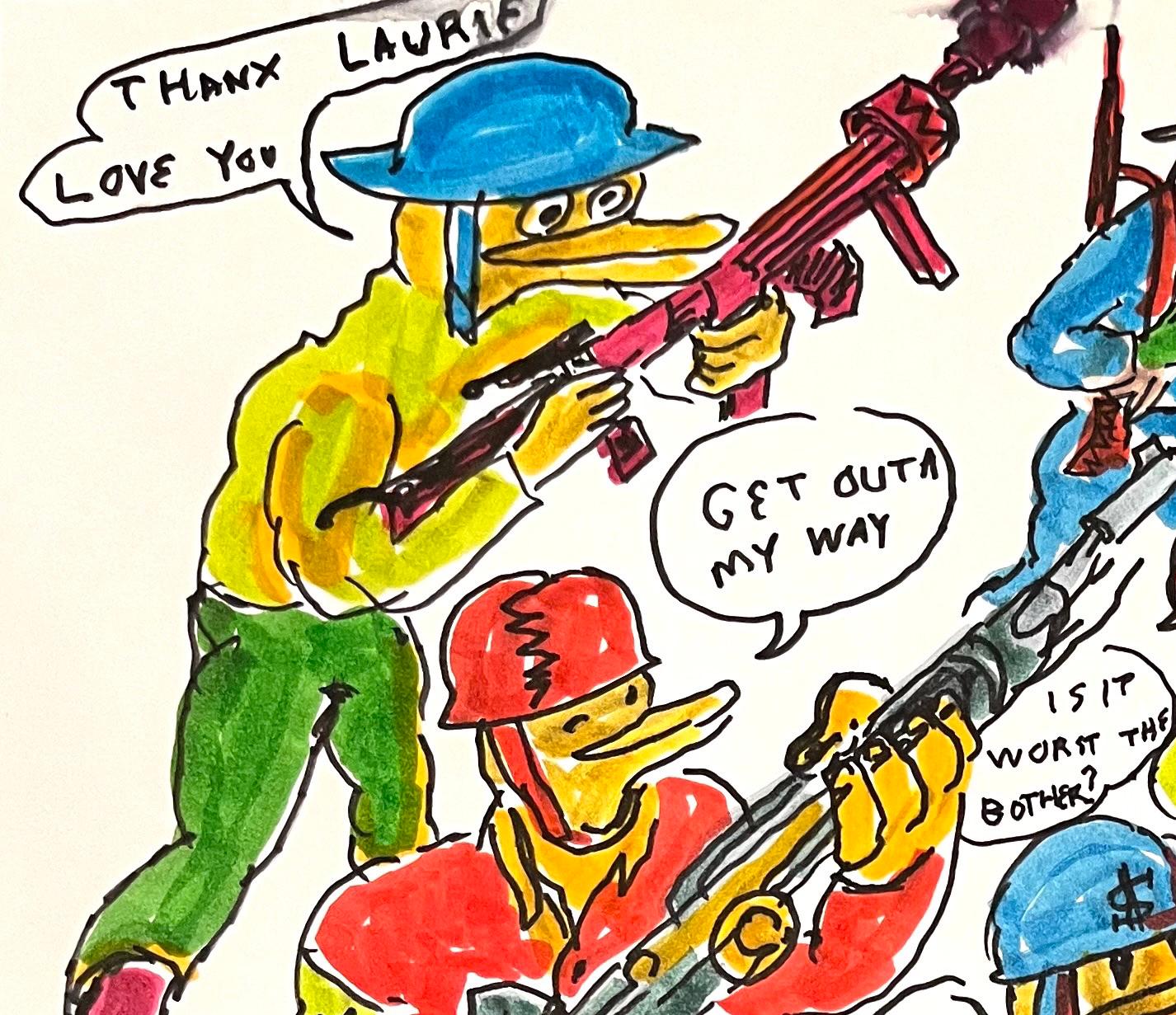 Thanx Laurie, Love You - Figure Ink Drawing on Paper, Outsider Art, Duck Wars For Sale 3