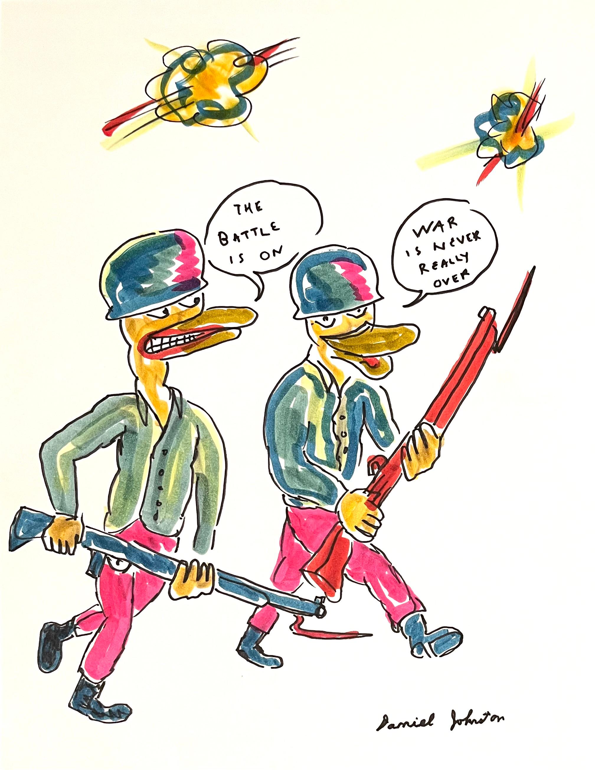 Daniel Johnston Figurative Art - The Battle is On - Figure Ink Drawing on Paper, Outsider Art, Duck Wars Series