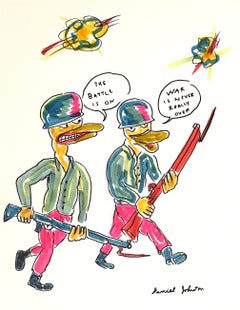 The Battle is On - Figuren-Tinte-Zeichnung auf Papier, Outsider-Kunst, Duck Wars Series