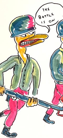 The Battle is On - Figure Ink Drawing on Paper, Outsider Art, Duck Wars Series