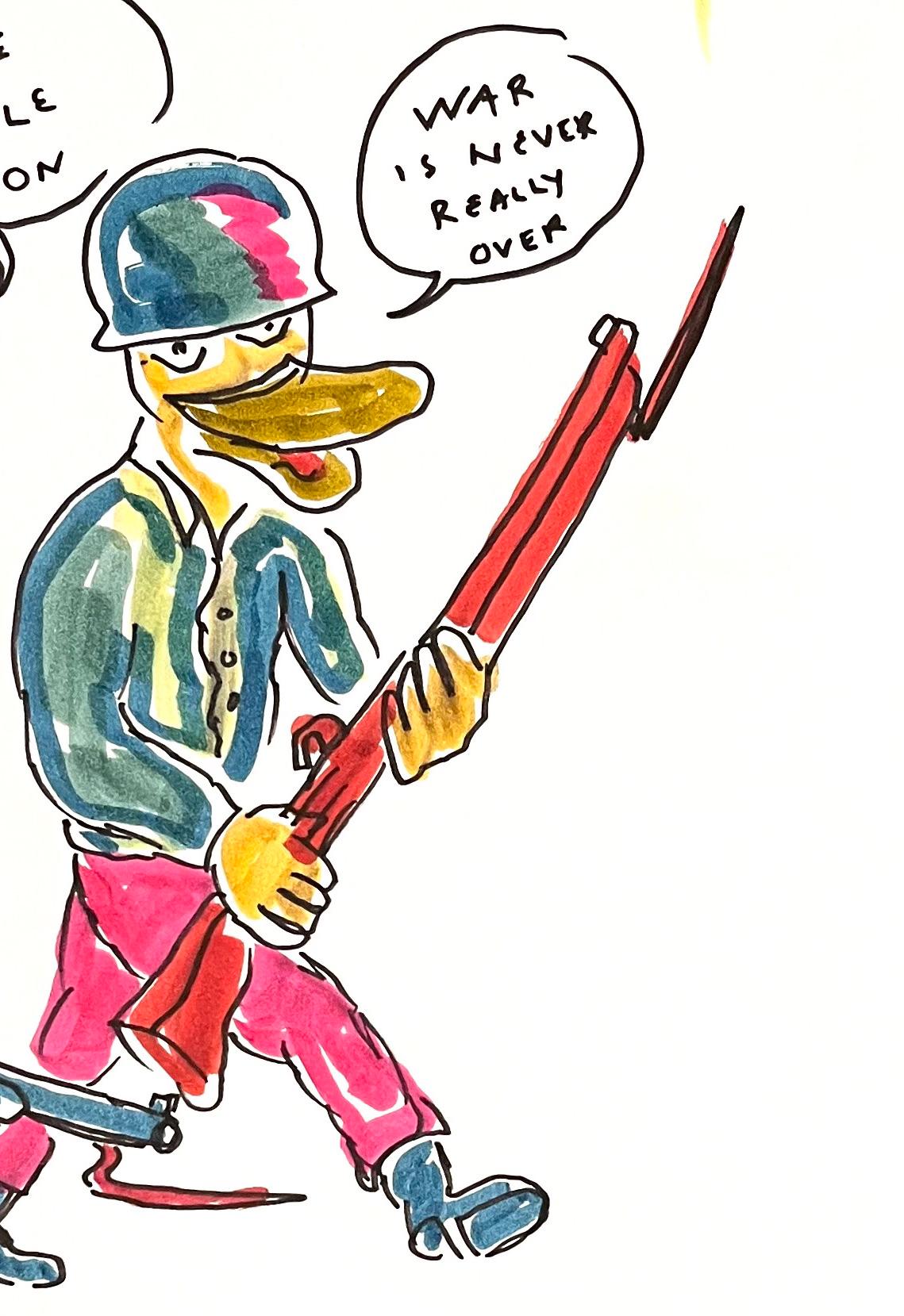 The Battle is On - Figure Ink Drawing on Paper, Outsider Art, Duck Wars Series For Sale 1