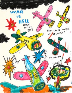 War is Hell High in the Sky - Figure Drawing on Paper, Outsider Art, Duck Wars