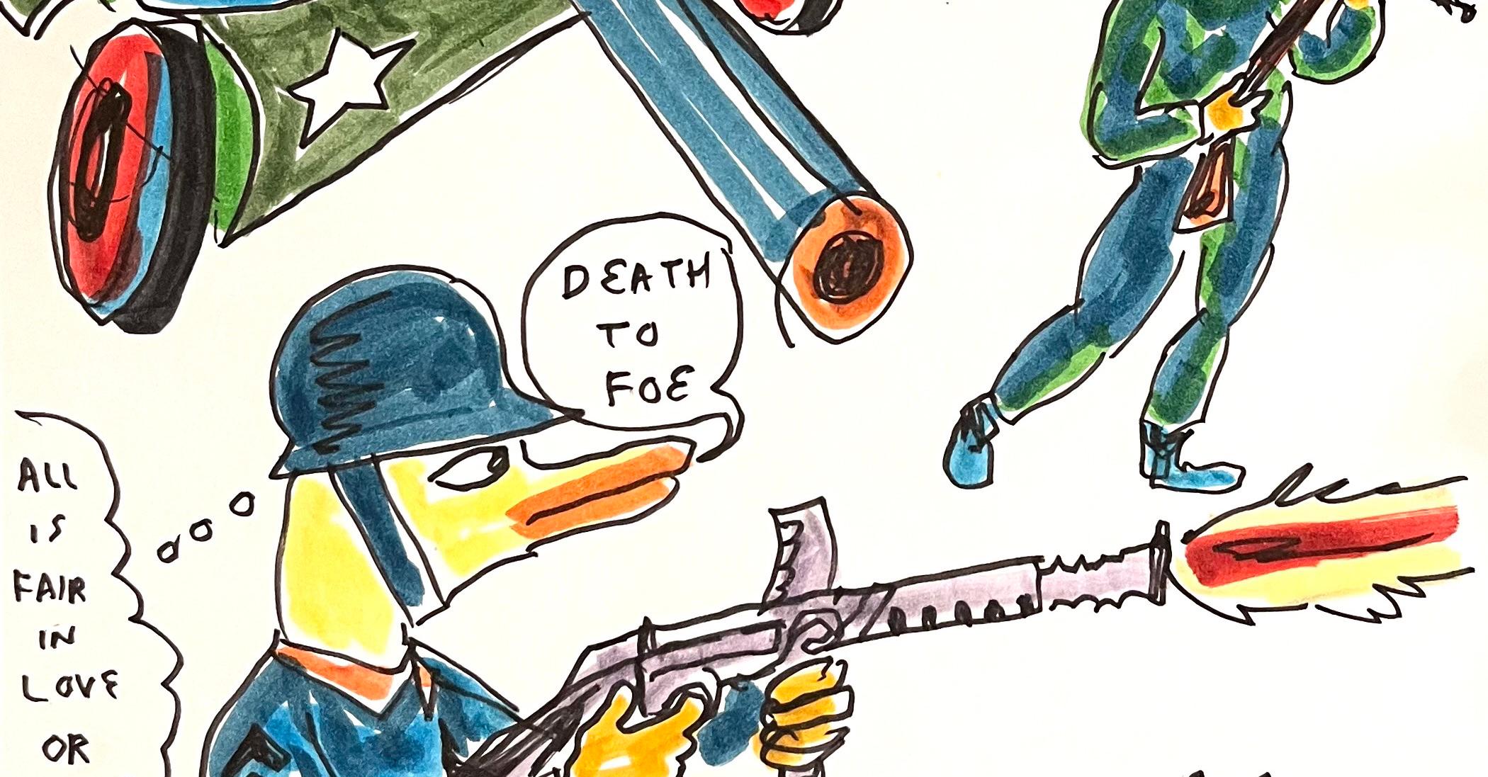 You've Got to Pretend You Are Dead - Ink Drawing, Outsider Art, Duck Wars Series For Sale 1
