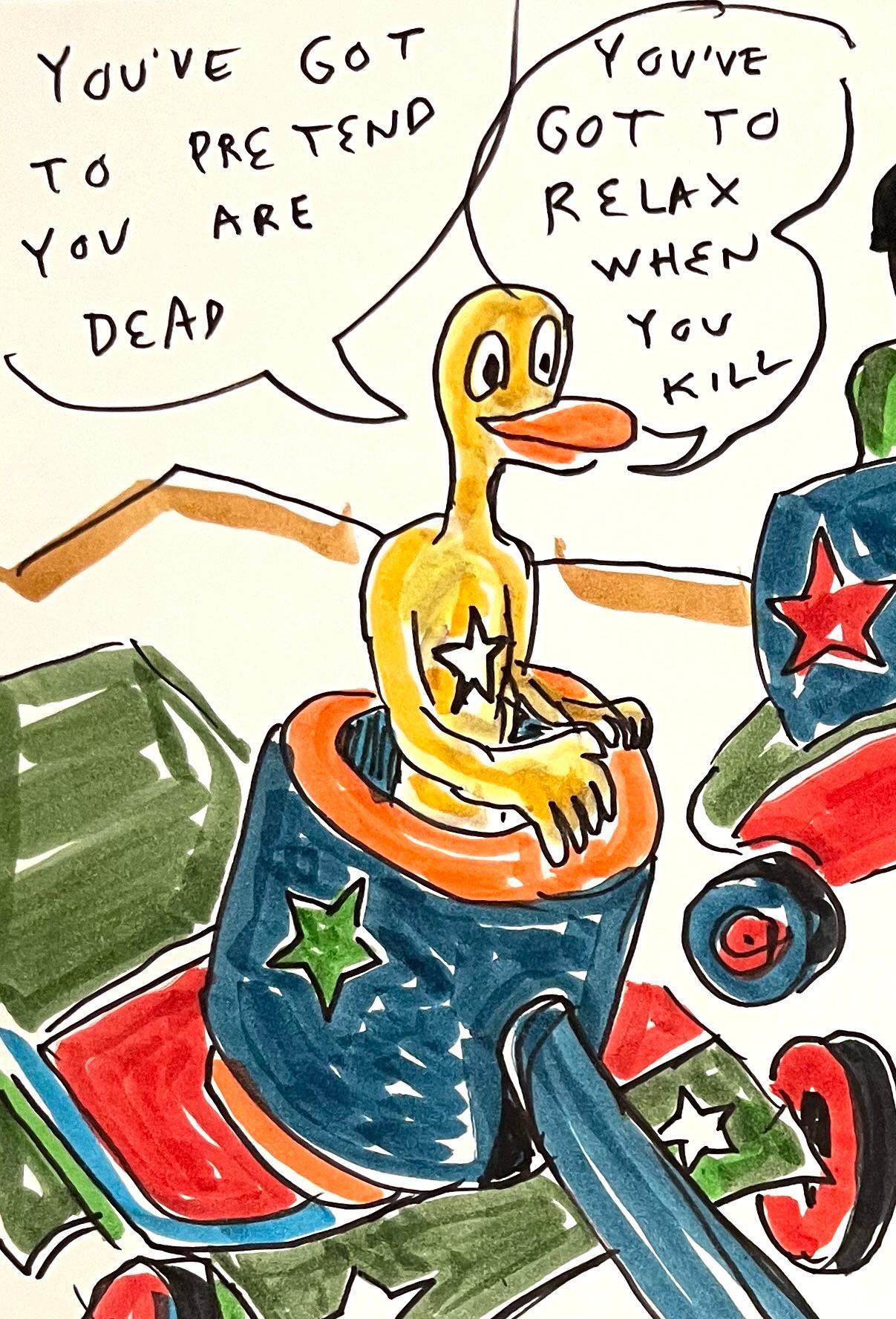 You've Got to Pretend You Are Dead - Ink Drawing, Outsider Art, Duck Wars Series For Sale 2
