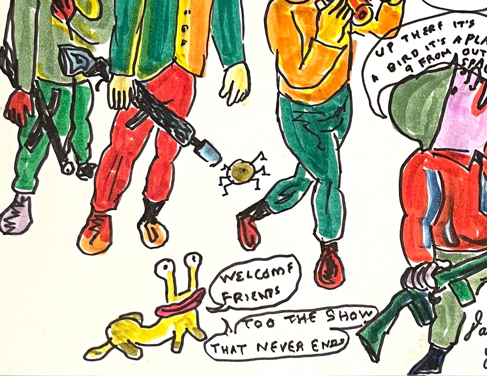 Zoo Viserty - Figure Ink Drawing on Paper, Outsider Artist, Duck Wars Series - Beige Figurative Art by Daniel Johnston