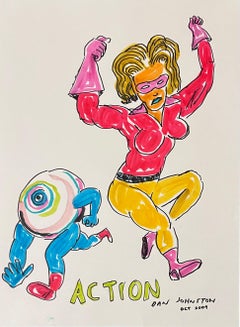 Action - Johnston, Figure Ink Drawing on Paper, Outsider Artist, Austin, Texas
