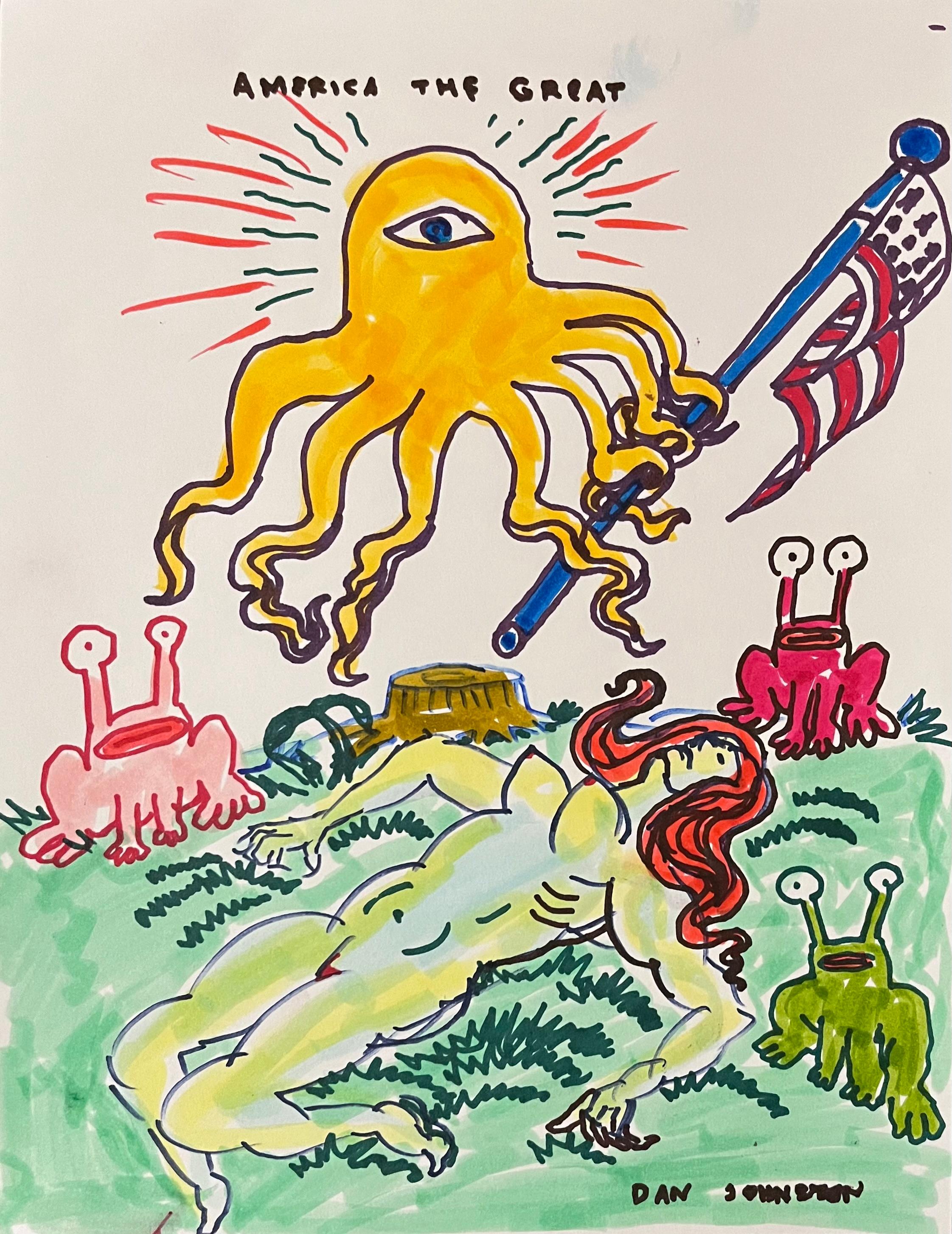 Daniel Johnston Figurative Art - America the Great - Dan Johnston, Figure Ink Drawing on Paper, Outsider Artist