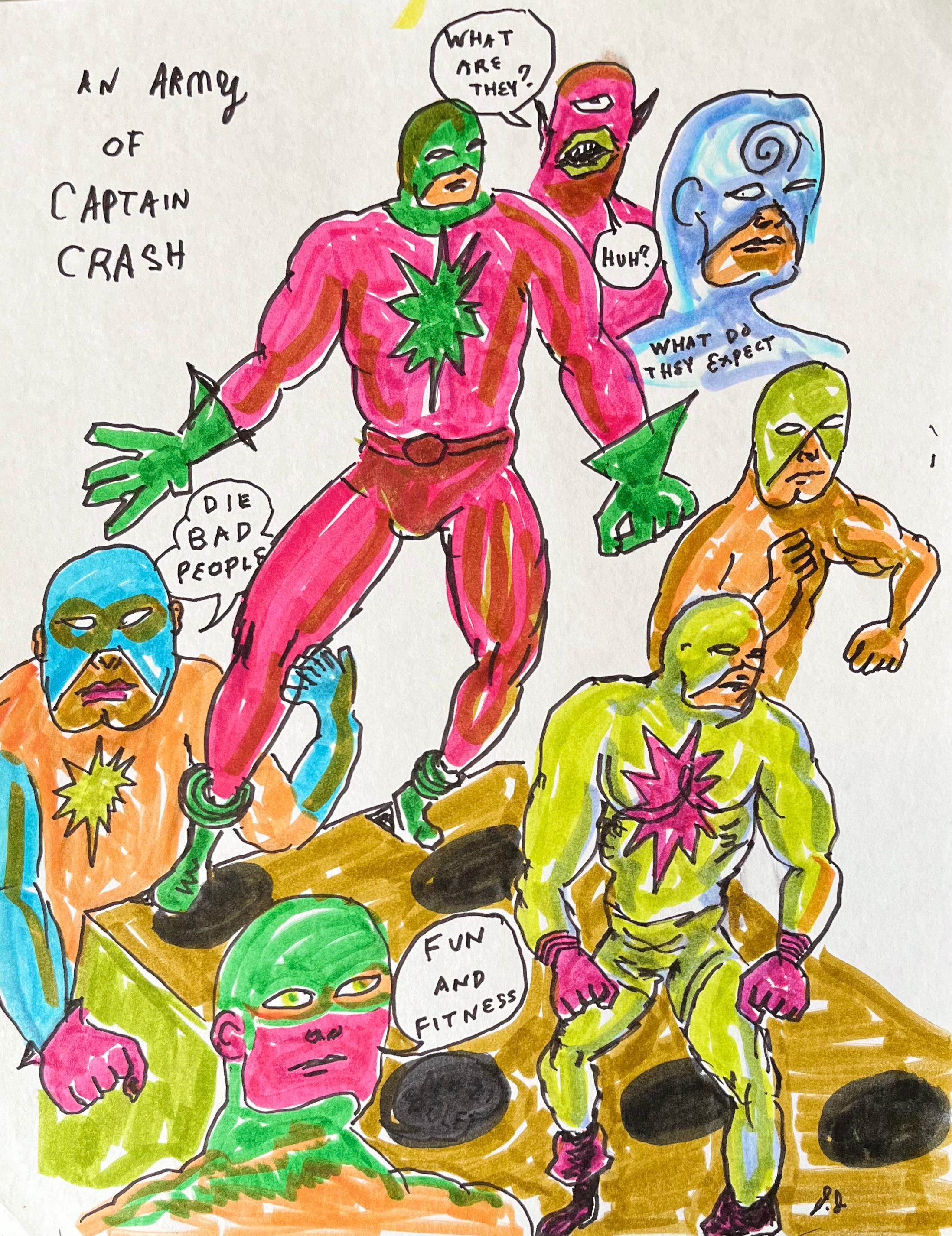 Daniel Johnston Figurative Art - An Army of Captain Crash - Johnston, Figure Ink Drawing on Paper, Outsider Art