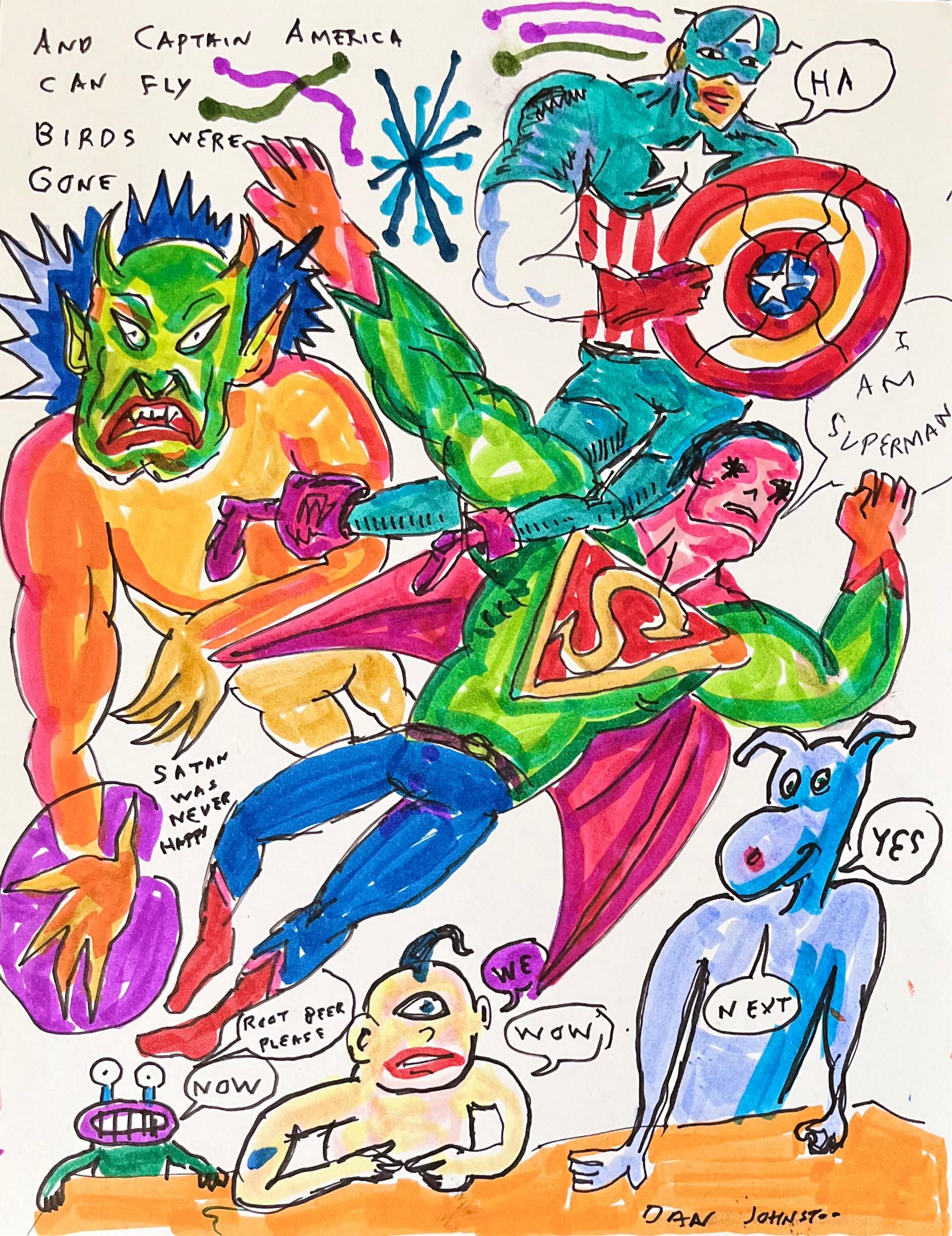 Daniel Johnston Figurative Art - And Captain America Can Fly- Johnston, Figure Ink Drawing on Paper, Outsider Art