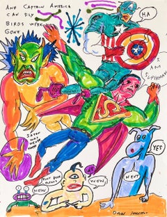 Und Captain America Can Fly- Johnston, Figuren-Tinte-Zeichnung auf Papier, Outsider-Kunst