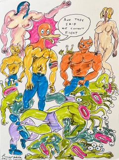 And They Said We Couldn't Fight - Figuren-Tinte-Zeichnung auf Papier, Outsider Pop Art