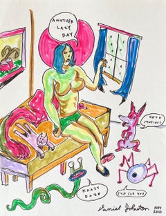 Another Lazy Day - Daniel Johnston Figure Ink Drawing on Paper, Outsider Pop Art