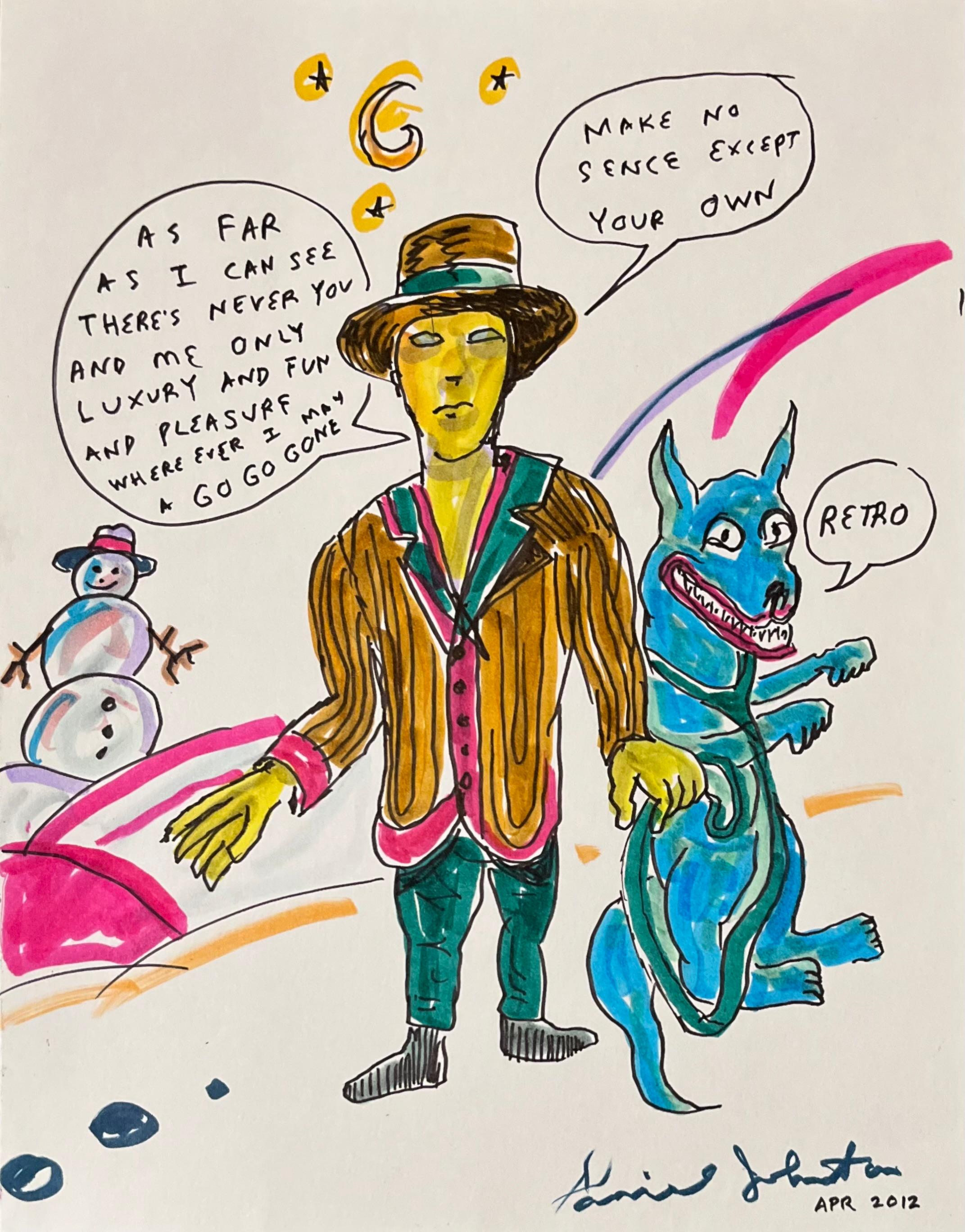 Figurative Art Daniel Johnston - « As Far As I Can See - Johnston Figure Ink Drawing on Paper, Outsider Pop Artist