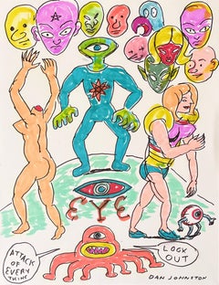 Attack of Everything - Johnston Figure Ink Drawing on Paper, Outsider Pop Art