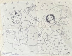 Be Proud of Being an America!!! - Figure Ink Drawing on Paper, Outsider Pop Art